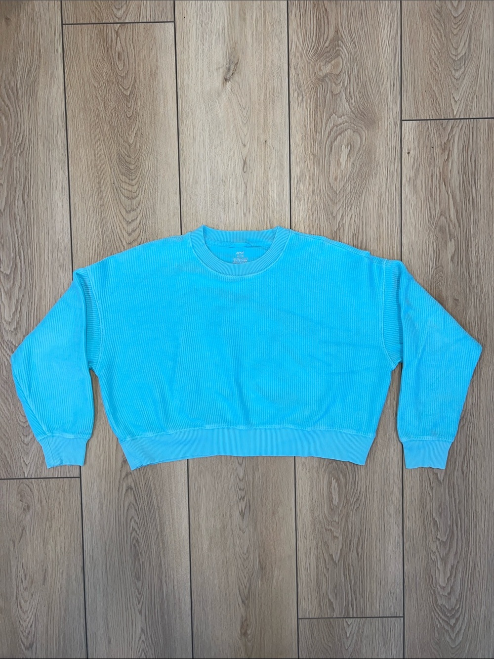 aerie Bright Turquoise Cropped Ribbed Oversized Crewneck Sweater